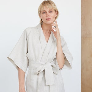 Natural Linen Kimono Jacket, Linen Jacket With Belt, Belted Linen Kimono Jacket