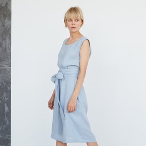 Blue Midi Linen Dress, Tie Belt Linen Dress, Light Blue Linen Summer Dress, Blue Bridesmaid Linen Dress image 6