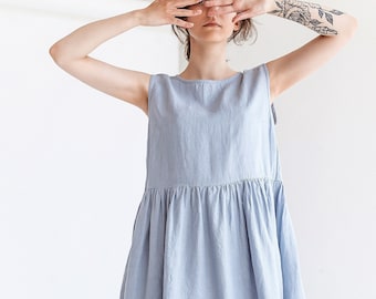 Smock Linen Sleeveless Dress, Loose Fit Ruffled Linen Dress, Sleeveless Linen Summer Dress, Tank Top Linen Dress