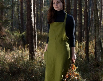 Green Long Linen Apron With Pocket, Christmas Gift For Her