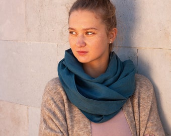 Unisex Blue Natural Linen Scarf, Soft Teal Linen Scarf, Dark Blue Linen Wrap for her