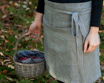 Grey Linen Half Apron With Pocket, Striped Linen Chef Apron