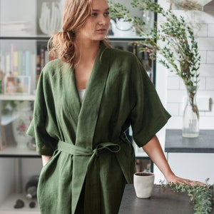 Green Linen Bathrobe, Gift for Her Dark Green Linen Bath Robe, Natural Linen Kimono Bathrobe For Women