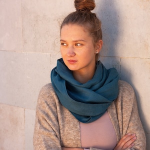 Unisex Blue Natural Linen Scarf, Soft Teal Linen Scarf, Dark Blue Linen Wrap for her