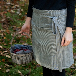 Grey Linen Half Apron With Pocket, Striped Linen Chef Apron
