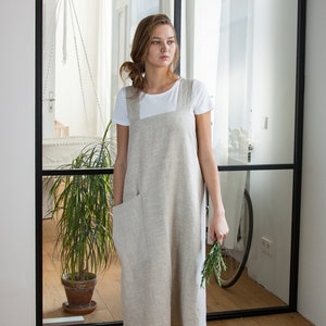 Natural Linen Pinafore with Pocket , Full Apron Linen Pinafore , Gift For Her image 1