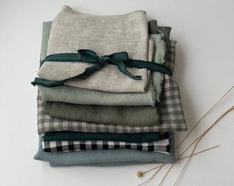 Linen Scraps Bundle Gingham Checks and Solid Colors, Natural Linen Fabric Remnants For Craft Projects.