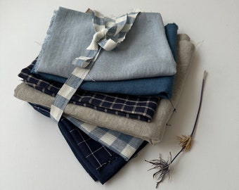 Linen Scraps Bundle Gingham Checks and Solid Colors, Natural Linen Fabric Remnants For Craft Projects.