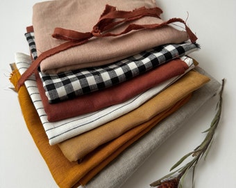 Linen Scraps Bundle Gingham Checks and Solid Colors, Natural Linen Fabric Remnants For Craft Projects