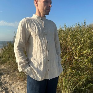 Linen Men&#39;s Collar Band Shirt, Natural Linen Summer Shirt For Men, Linen Shirt With Buttons, Classic Linen Shirt For Men With Long Sleeves