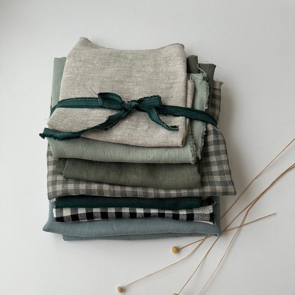 Linen Scraps Bundle Gingham Checks and Solid Colors, Natural Linen Fabric Remnants For Craft Projects.