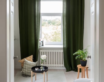 Panel de cortina de lino verde, con bolsillo para barra con volantes, cortina extralarga para ventana.