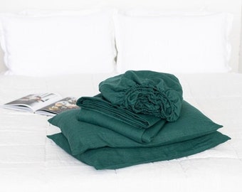 Emerald Linen Sheet Set,Linen Sheets And Pillowcases Set,Set Of Linen Fitted Sheet,Linen Top Sheet