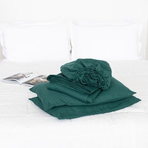 Emerald Linen Sheet Set,Linen Sheets And Pillowcases Set,Set Of Linen Fitted Sheet,Linen Top Sheet