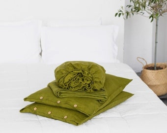 Moss Green Linen Sheet Set,Linen Sheets And Pillowcases Set,Set Of Linen Fitted Sheet, Green Linen Top Sheet