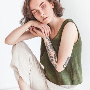 Green Linen Top, Basic Linen Blouse, Loose Fitting Summer Linen Top, White Linen Crop Top