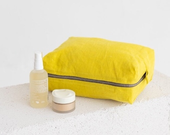 Nécessaire de linho amarelo chartreuse, necessaire de linho para maquiagem, necessaire de linho dupla camada, nécessaire de linho para maquiagem, nécessaire de viagem rosa impermeável com zíper.