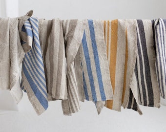 Set Of 6 Striped Linen Tea Towels, Flax Dish Towel,Blue and Grey Linen Kitchen Towel,Natural Handmade Linen Towels,Rustic Linen Hand Towels