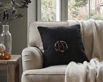 Embroidered Pumpkin Linen Pillow, Black Gothic Fall Decor