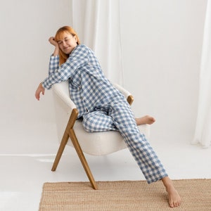 Light Blue Gingham Linen Pajama Set, Two Piece Linen Women's Pajama Set,Long Sleeve Linen Pajama,Linen Loungewear Set,Linen Christmas Pajama