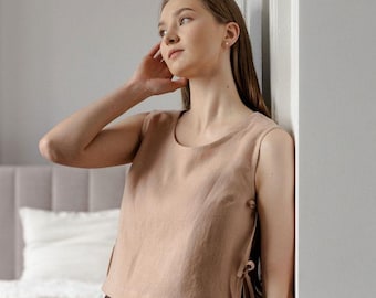 Peach Linen Top With Side Ties, Basic Loose Fitting Linen Summer Blouse