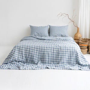 Light Blue Gingham Linen Duvet Cover and Pillowcases, Linen King Bedding Set With Buttons, Linen Doona Cover with Shams, Boho Linen Bedding