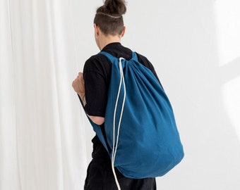 Linen Laundry Bag With Handles, Large Linen Laundry Backpack, Linen storage Bag, Linen Drawstring Linen Bag, Reusable Laundry Bag