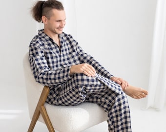 Deep Blue Gingham Linen Pajama Set, Two Piece Linen Men's Pajama Set,Long Sleeve Linen Pajama,Linen Loungewear Set,Linen Christmas Pajama