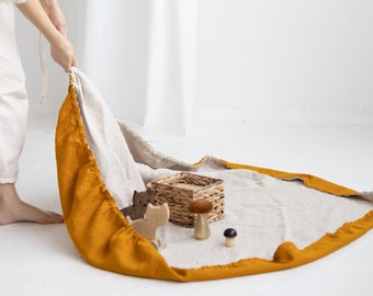 Natural Linen Baby Play Mat, Linen toys storage bag, Two-Sided Linen Nursery Rug, Round Linen Playmat, Drawstring Linen Toys Bag