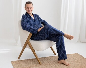 Navy Blue Windowpane Linen Pajama Set, Two Piece Linen Men's Pajama Set,Long Sleeve Linen Pajama,Linen Loungewear Set,Linen Christmas Pajama