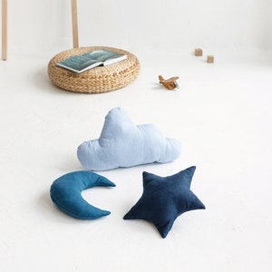 Linen Moon Pillow, Linen Star Pillow, Linen Cloud Pillow, Blue Kids Room Pillow, Blue Nursery Pillow, Blue Cloud Shaped Pillow, Moon Cushion