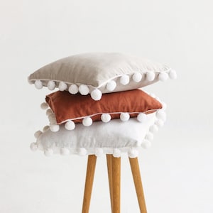 Linen Pom Pom Pillow Cover, Linen Pillowcase With Envelope Closure, Linen Pillow Shams With Pom Pom Trim, Linen Queen King Pillowcase