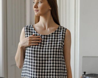Black Gingham Linen Top, Basic Linen Blouse, Loose Fitting Summer Linen Top, White Linen Crop Top