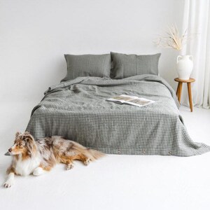 May include: A green and white checkered linen duvet cover with a dog lying on the floor in front of the bed. The duvet cover has a button closure.