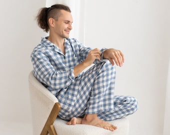 Light Blue Gingham Linen Pajama Set, Two Piece Linen Men's Pajama Set,Long Sleeve Linen Pajama,Linen Loungewear Set,Linen Christmas Pajama