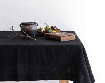 Black Linen Tablecloth, Gothic Halloween Decor, Natural Texture, Mitered Corners