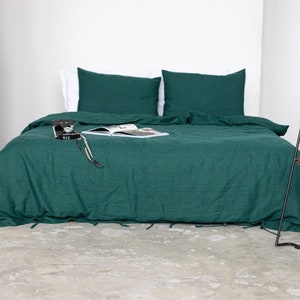 Emerald Linen Queen Duvet Cover and Pillowcases, Linen King Bedding Set With Ties, Linen Doona Cover with Shams, Linen Cover Set