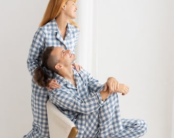 Set Of 2 Linen Pajamas For Him And Her, Light Blue Gingham Linen Pajama Set, Linen Loungewear Set,Linen Christmas Pajama For Him And Her