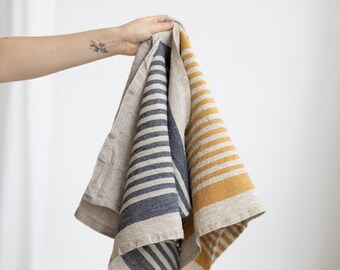 Set Of 2 Striped Linen Tea Towels, Linen Dish Towel, Linen Kitchen Towel,Natural Linen Towels, Rustic Linen Towels, Kitchen Flax towels