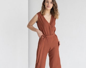 Rusty Linen Jumpsuit With Belt, Sleeveless Linen Overall, Linen Wrap Jumpsuit, Linen Romper With Belt, Loose Fit Linen Jumpsuit With Pockets