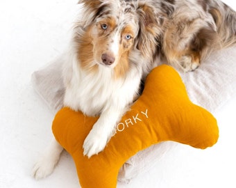 Personalized Dog Pillow, Dog Bone Shape Pillow, Linen Dog Pillow Toy, Embroidered Dog Pillow With Name, Dog Bone Pillow,Linen Dog Bed Pillow