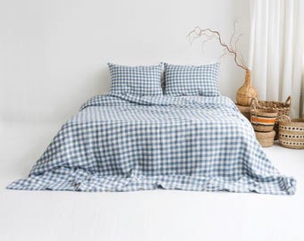 Light Blue Gingham Linen Duvet Cover and Pillowcases, Linen King Bedding Set With Buttons, Linen Doona Cover with Shams, Boho Linen Bedding
