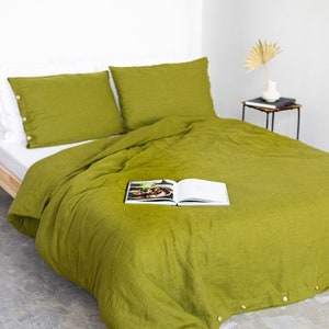 Linen Duvet Cover and Pillowcases, Moss Green Linen Bedding Set With Buttons, Linen Doona Cover with Shams, Olive Green Linen Cover Set