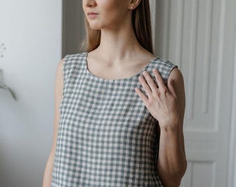 Gray Green Gingham Linen Top, Basic Linen Blouse, Loose Fitting Summer Linen Top, White Linen Crop Top