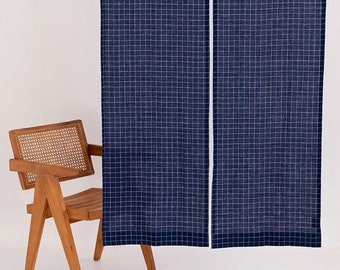 Navy Blue Windowpane Linen Noren Curtain, Japanese Doorway Panel