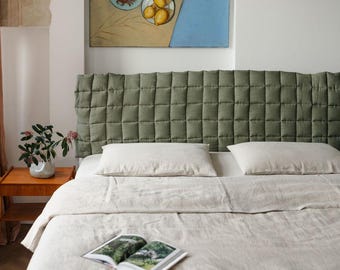 Quilted Linen Headboard Cover, Custom Size Linen Headboard, Reversible Headboard Cushion With Ties, Removable Headboard Cover