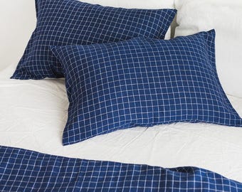 Blue Checkered Linen Pillow Cover with Hidden Zipper, Queen King Shams