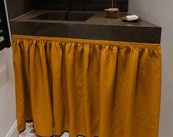Linen Sink Skirt With hook-and-loop fastening tape: Made To Measure Linen Curtain With Adhesive Tape
