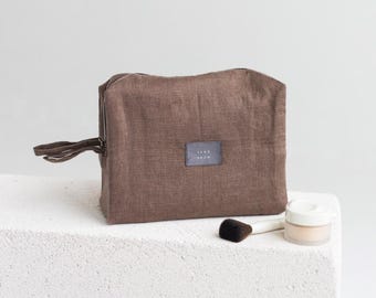 Brown Linen Pouch,Linen Makeup Bag, Double-Layered Linen Cosmetic Bag,Linen Makeup Pouch,Green Waterproof Travel Pouch With Zipper