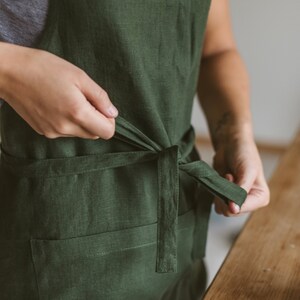 Green Long Linen Apron With Pocket, Christmas Gift For Her zdjęcie 2